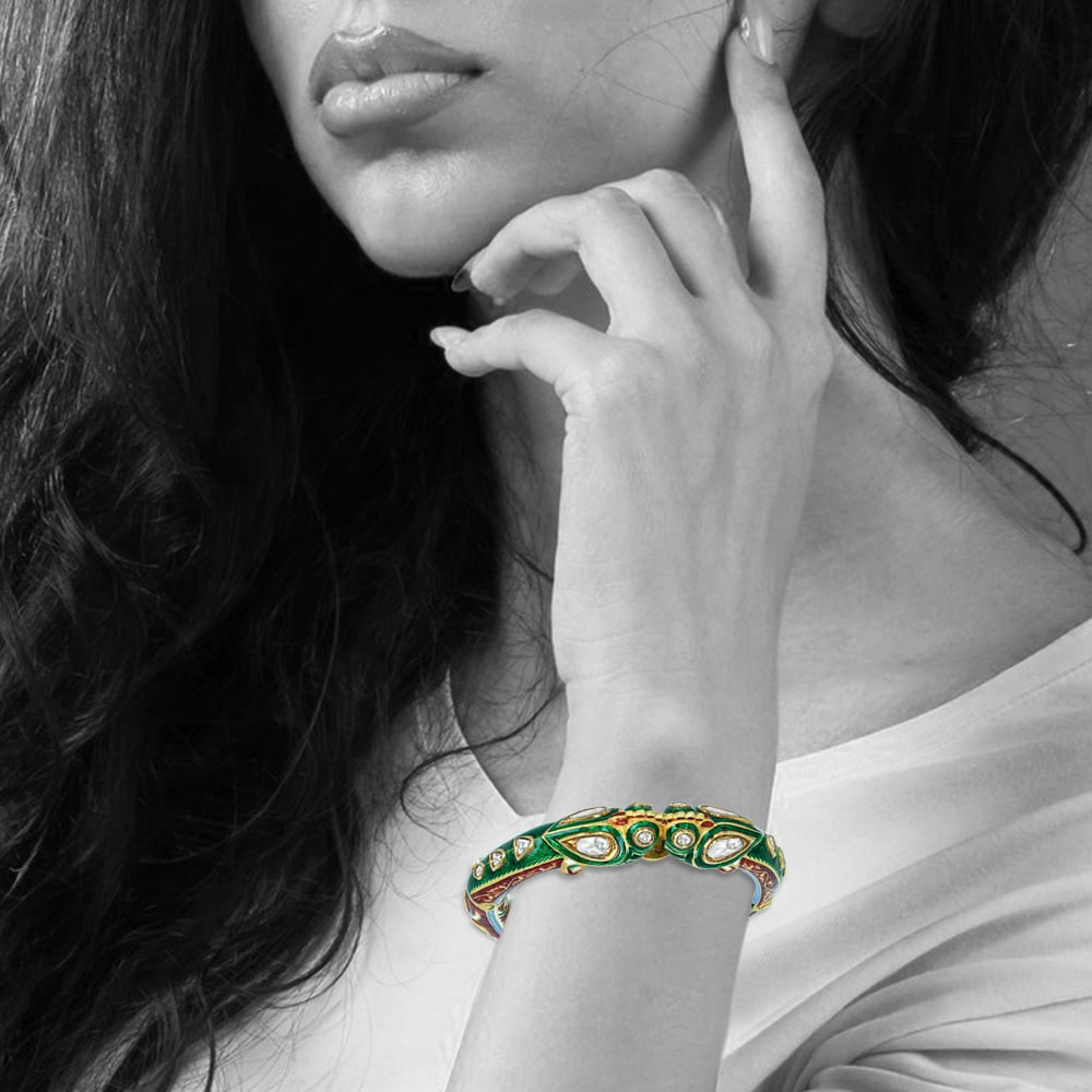 Polki Bangle with Red and Green Enamel Meenakari